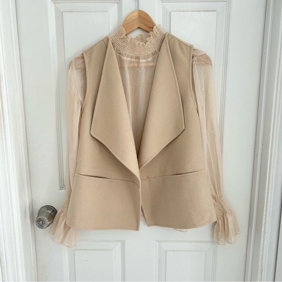 Camel Beige Wool Blend Sleeveless Draped Vest - Picture 3 of 7